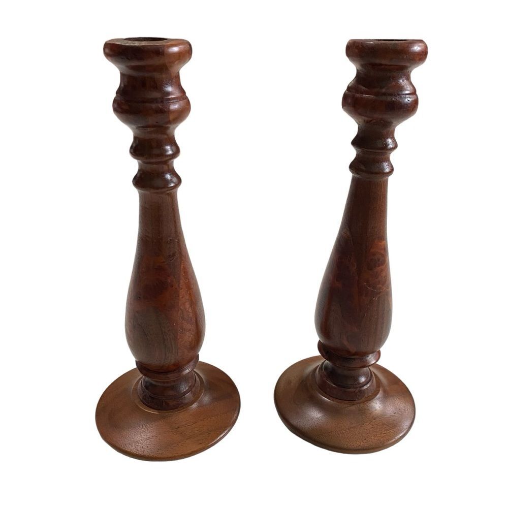 Vintage Set of Two Wood Wooden Turned Candlesticks
